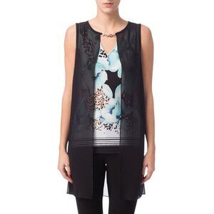 Joseph Ribkoff Sheer Overlay Blue White Floral Gold Detail Blouse Sz 8